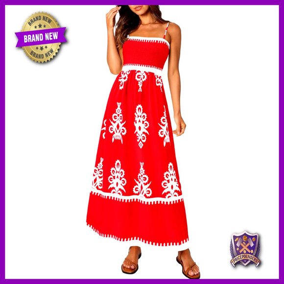 Dresses & Skirts - Floral Maxi Dress Boho Spaghetti Strap Smocked Fit and Flare Summer Vacation